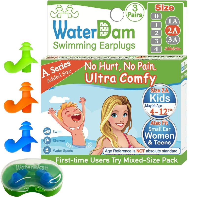 سدادات أذن للسباحة من WaterDam A-Series، سدادات أذن مقاومة للماء مريحة للغاية (مقاس 2A، مقاس 2A+2A+2A: أطفال ومراهقون، أذن صغيرة ومتوسطة للنساء (أخضر برتقالي أزرق)) - Image 1
